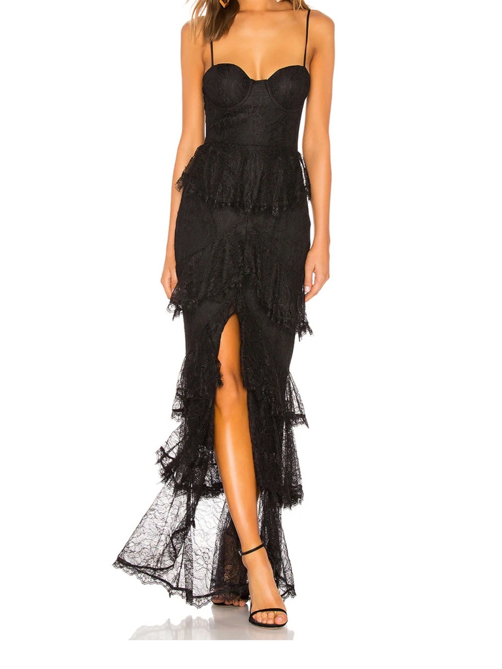 MAJORELLE Zelda Fitz Black Lace Ruffle Gown Size S Worn Once